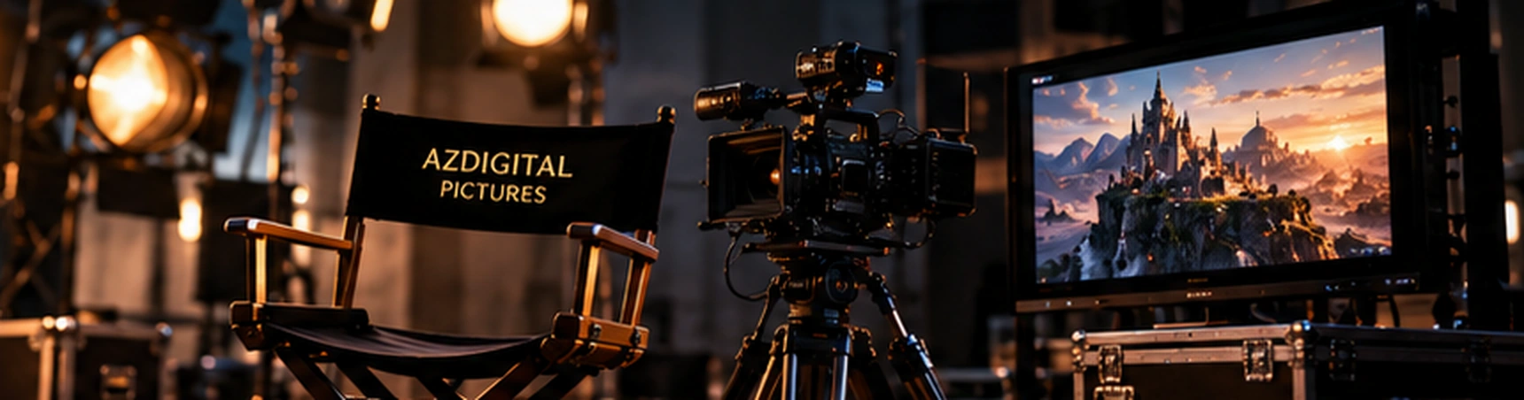 Film studio set with director chair and professional cinema camera